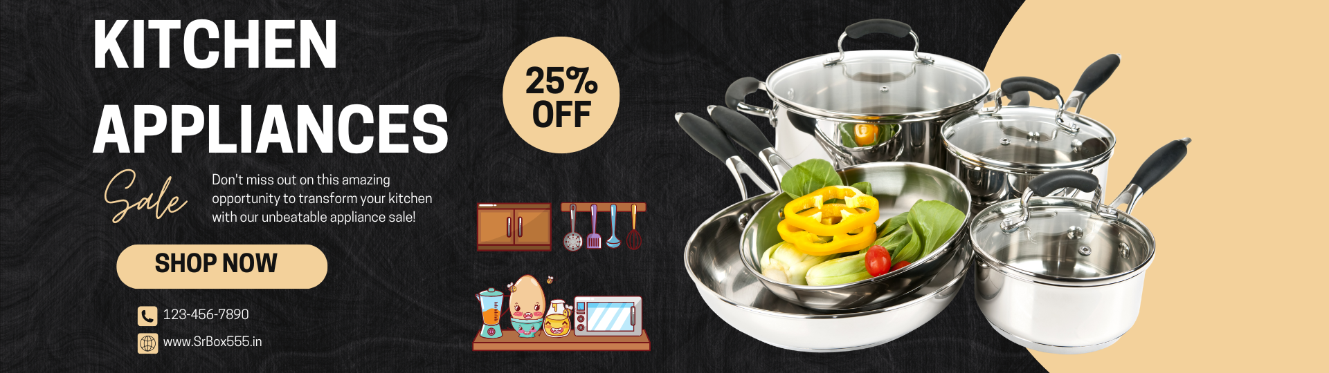 Black And Beige Modern Kitchen Appliances Sale Facebook Cover (1920 x 540 px)